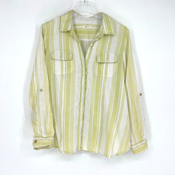 Charter Club Top Womens L Yellow Linen Striped Coastal Lightweight Preppy Yacht - Picture 1 of 4